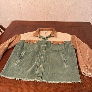 Entro Washed Corduroy Shacket Women’s S Color Block Frayed Hem Shirt-Jacket